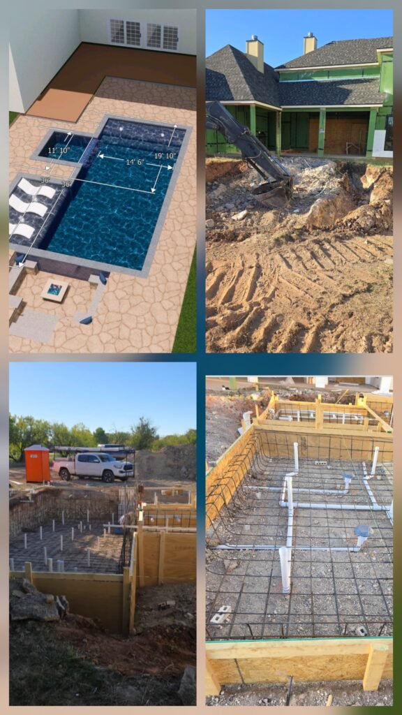Custom swimming pool design, excavation, steel reinforcement and plumbing installation in Abilene, Texas